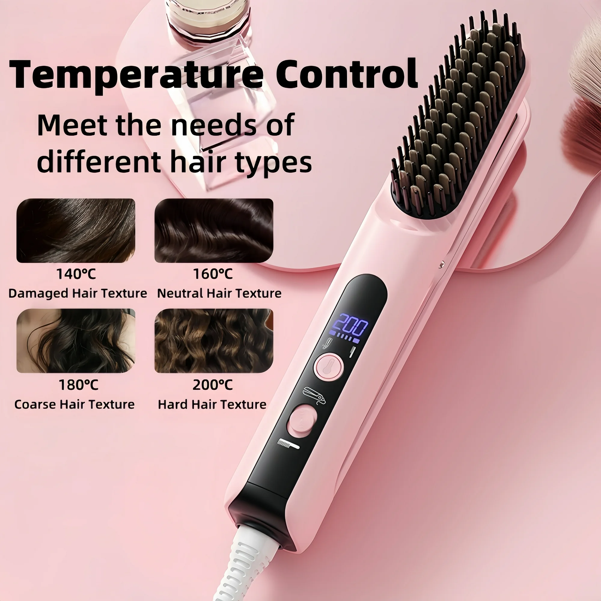 KYFIU Hair Straightener Brush, 2-in-1 Splint Straight Comb, Lightweight Hot Comb with 4 Temperature Control and Removable Magnetic Comb Teeth, Pink - Image 11