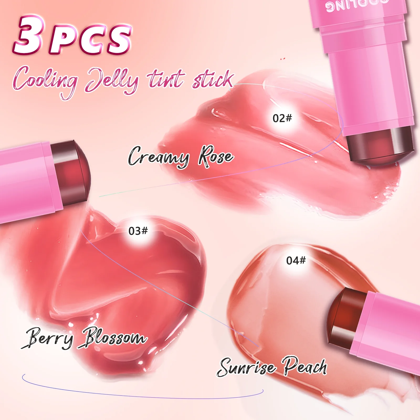 Ikzee Cooling Jelly Tint,Multi-use Jelly Blush Stick,Jelly Blush Stick for Lip, Cheek, Eye Makeup,3 PCS Sheer Lip & Cheek Stain - Image 9