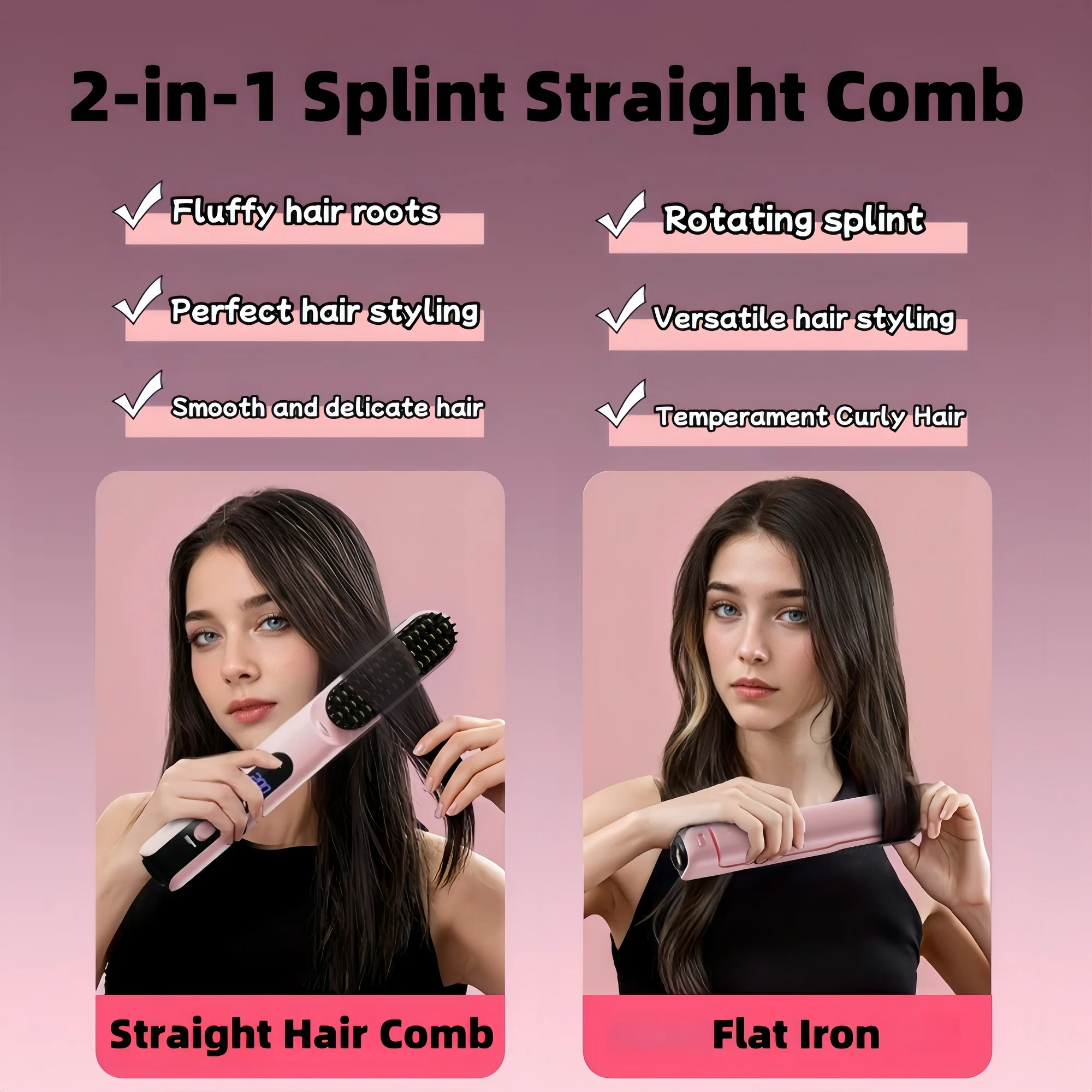 KYFIU Hair Straightener Brush, 2-in-1 Splint Straight Comb, Lightweight Hot Comb with 4 Temperature Control and Removable Magnetic Comb Teeth, Pink - Image 4