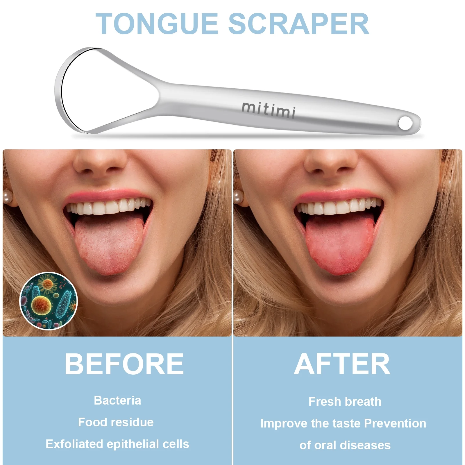 Mitimi Tongue Scraper for Adults (2 Pack) , 100% Useful Surgical Stainless Steel Tongue Cleaner for Both Adults and Kids - Image 2