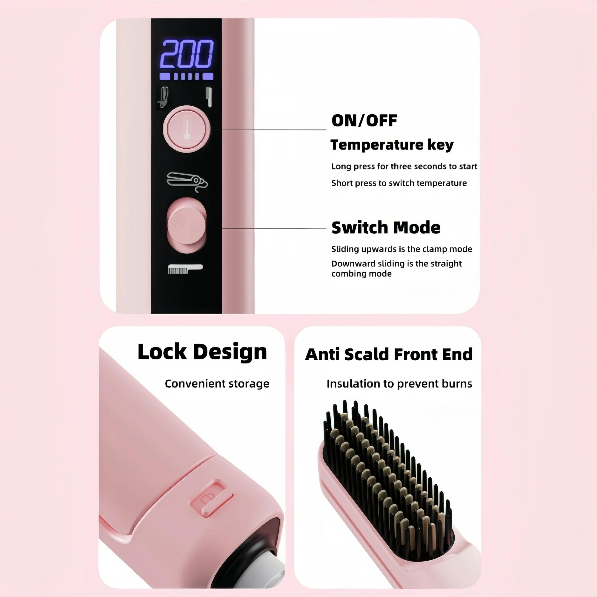 KYFIU Hair Straightener Brush, 2-in-1 Splint Straight Comb, Lightweight Hot Comb with 4 Temperature Control and Removable Magnetic Comb Teeth, Pink - Image 3