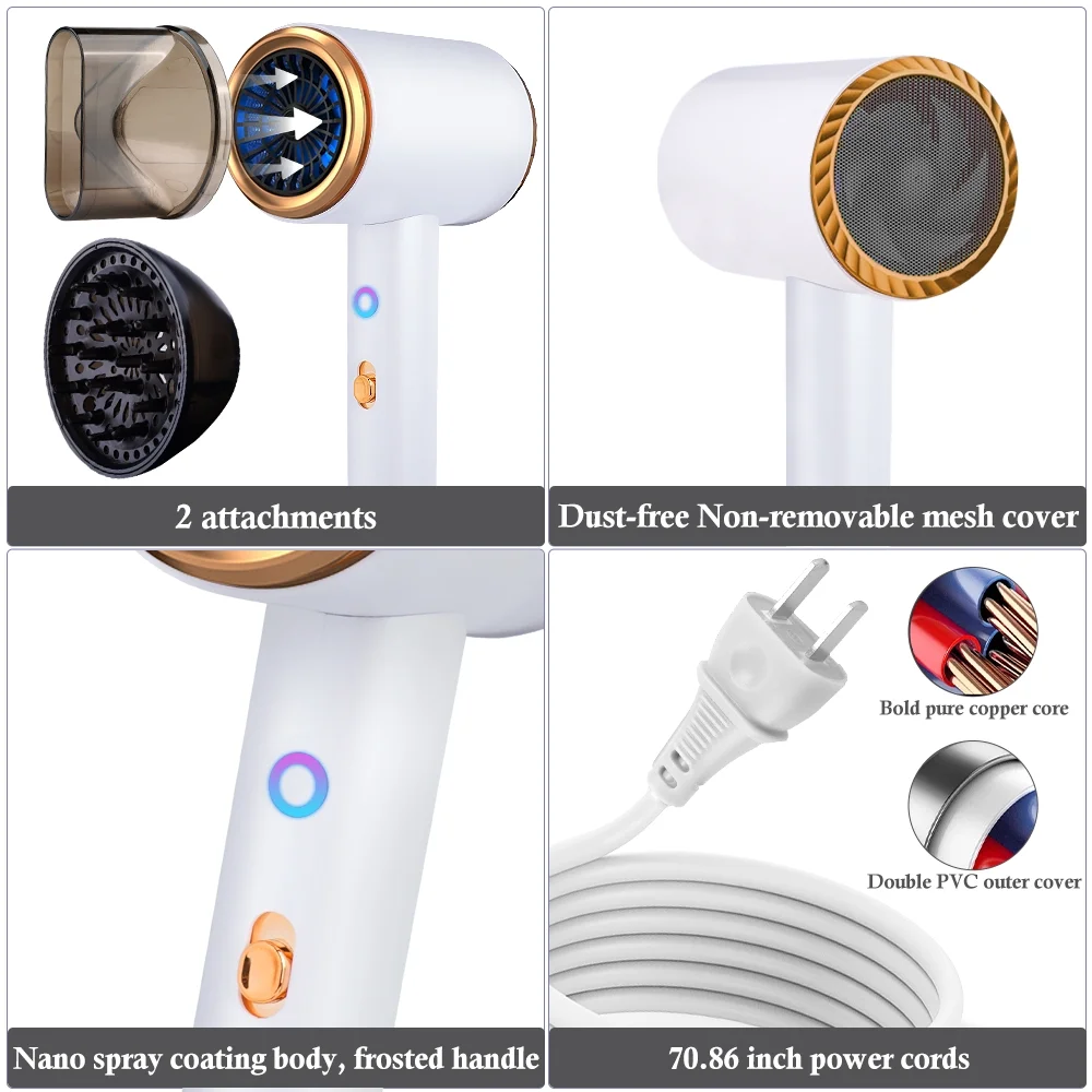 Ionic Hair Dryer, 2100W Professional Blow Dryer, Negative Ion Technolog Drying with 3 Heating, 2 Speed, 2 Nozzle for Home Salon Travel - Image 8