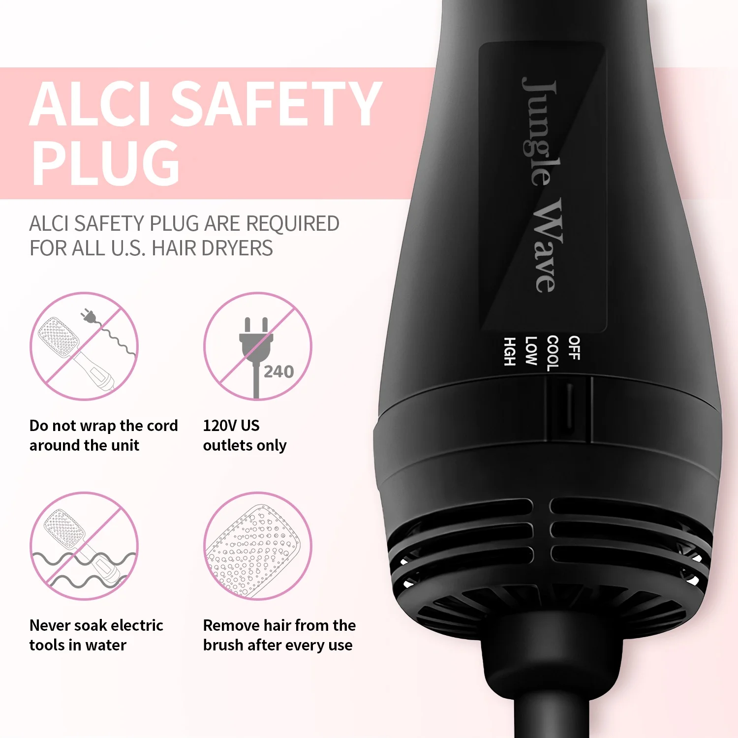 Hair Dryer Brush, Jungle Wave 2 in 1 Negative Ion Blow Dryer with Comb, Fast Drying Hot Air Brush - Image 5