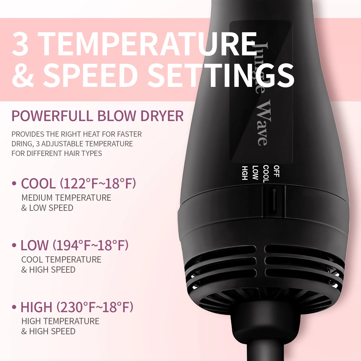 Hair Dryer Brush, Jungle Wave 2 in 1 Negative Ion Blow Dryer with Comb, Fast Drying Hot Air Brush - Image 4