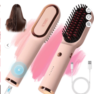 KIPOZI Hair Straightener Brush, Cordless Hair Straightener Brush Portable Hot Comb Straightener, USB Rechargeable & 3 Temp Settings & Anti-Scald, Pink