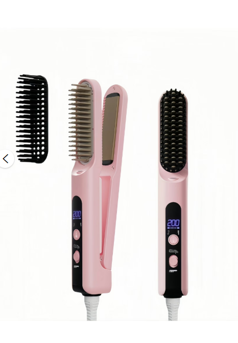 KYFIU Hair Straightener Brush, 2-in-1 Splint Straight Comb, Lightweight Hot Comb with 4 Temperature Control and Removable Magnetic Comb Teeth, Pink