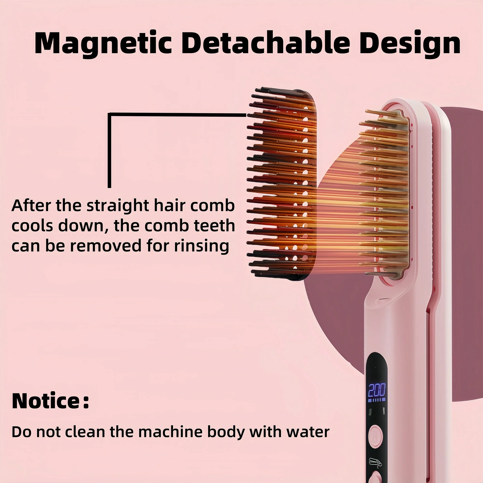 KYFIU Hair Straightener Brush, 2-in-1 Splint Straight Comb, Lightweight Hot Comb with 4 Temperature Control and Removable Magnetic Comb Teeth, Pink - Image 9
