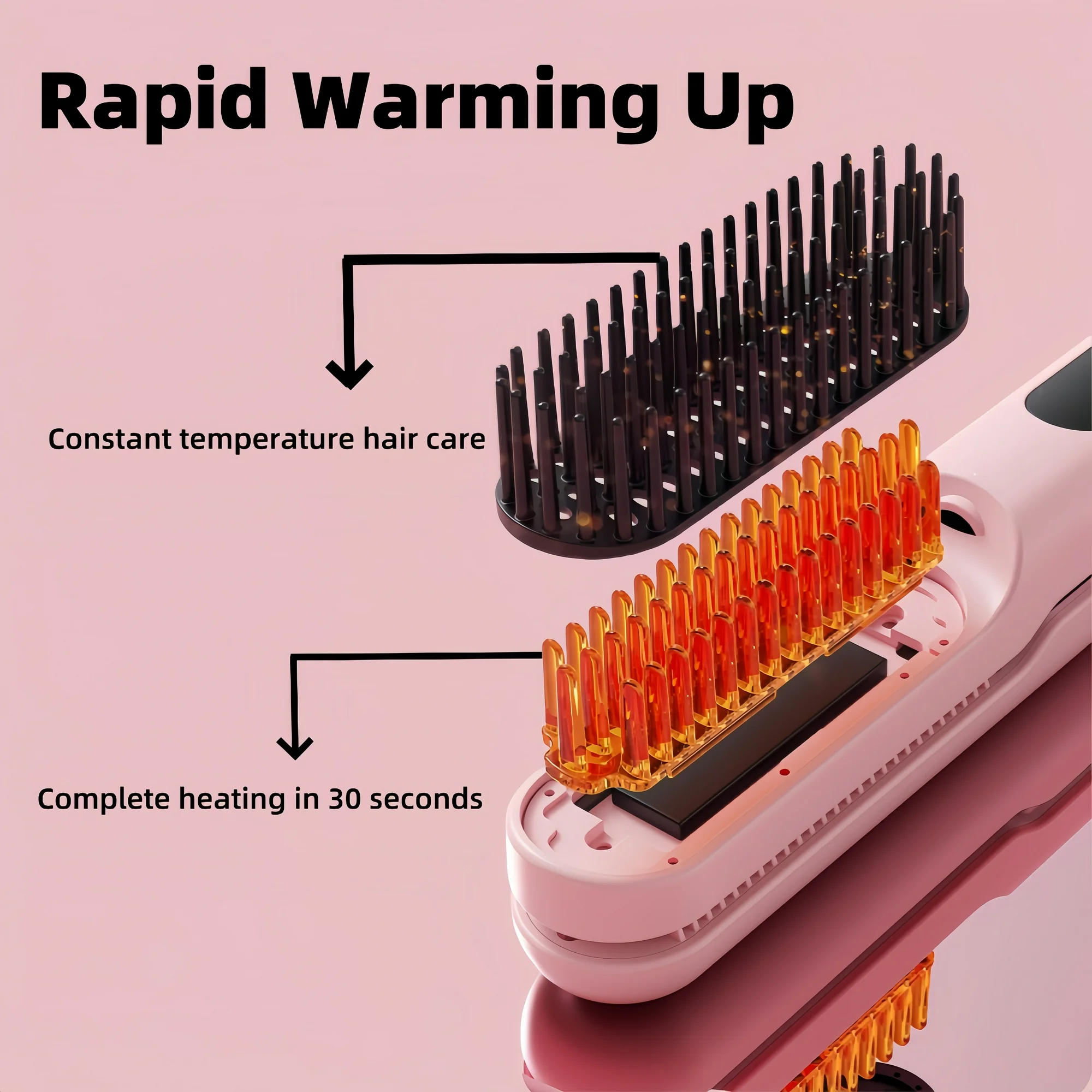 KYFIU Hair Straightener Brush, 2-in-1 Splint Straight Comb, Lightweight Hot Comb with 4 Temperature Control and Removable Magnetic Comb Teeth, Pink - Image 8