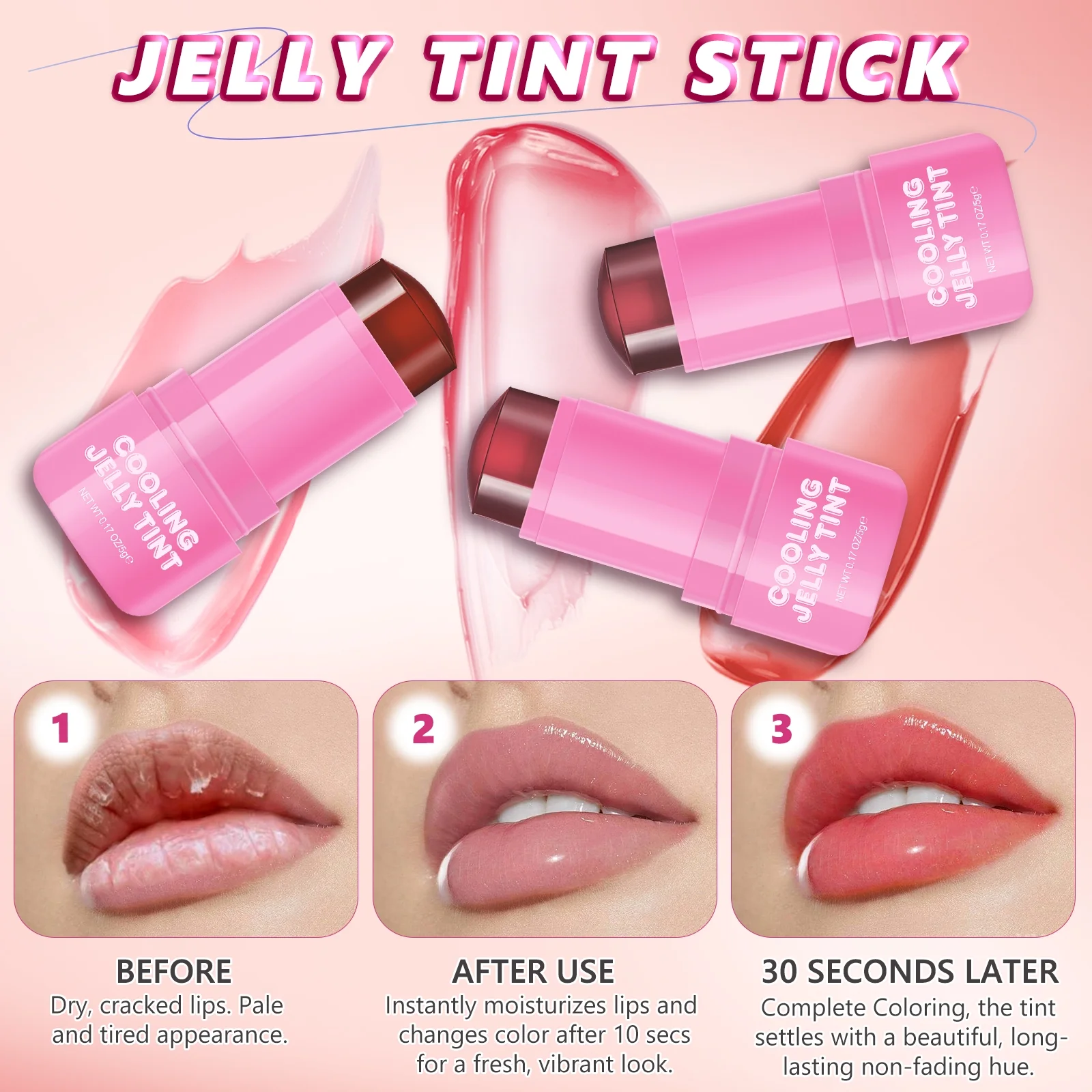 Ikzee Cooling Jelly Tint,Multi-use Jelly Blush Stick,Jelly Blush Stick for Lip, Cheek, Eye Makeup,3 PCS Sheer Lip & Cheek Stain - Image 6